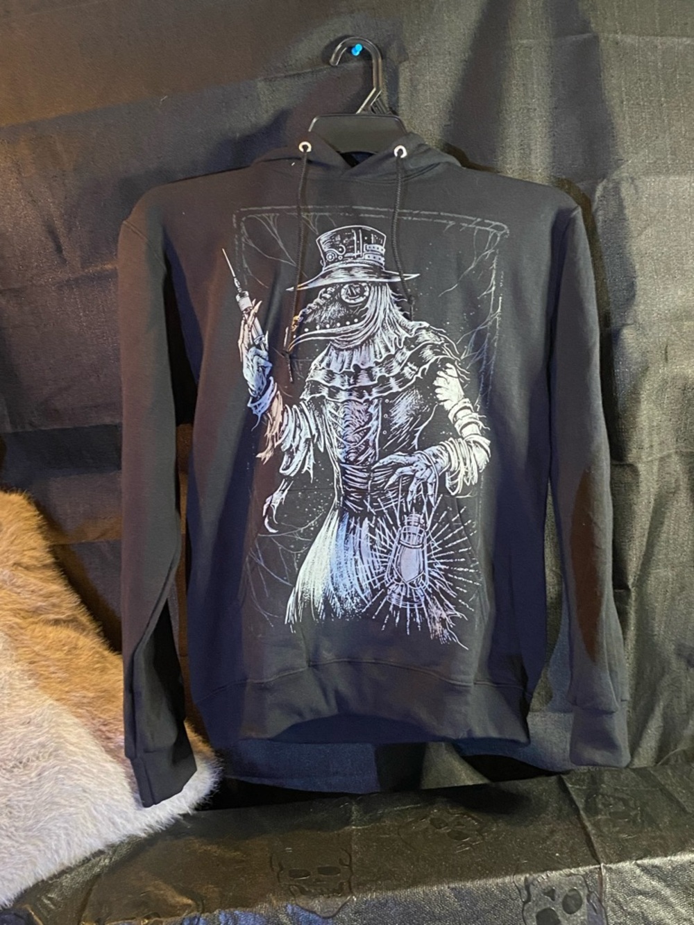 Black Graphic Hoodie with Plague Doctor Illustration